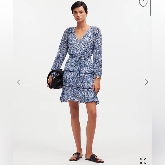 Madewell Tie Waist Long Sleeve Tiered Mini Dress Blue Ditsy Floral Size 00 - Picture 1 of 8